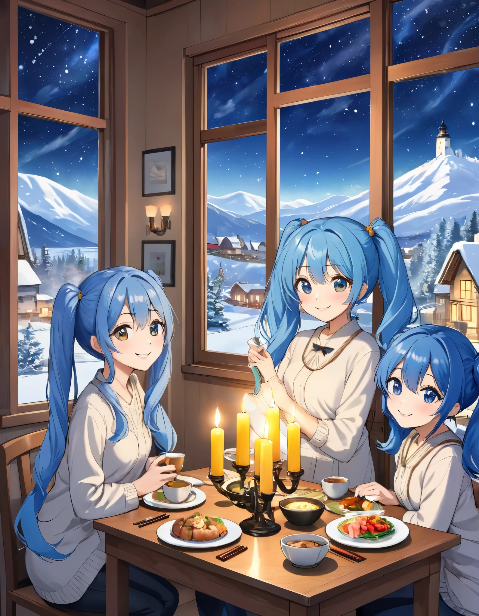    chasing long light blue hair  、   Beautiful Girl with Twin Tails  、  bright room  、Outside the window is a starry sky and a snowy landscape 、 smiling and drinking candles with 3 friends、 Delicious Meals  、