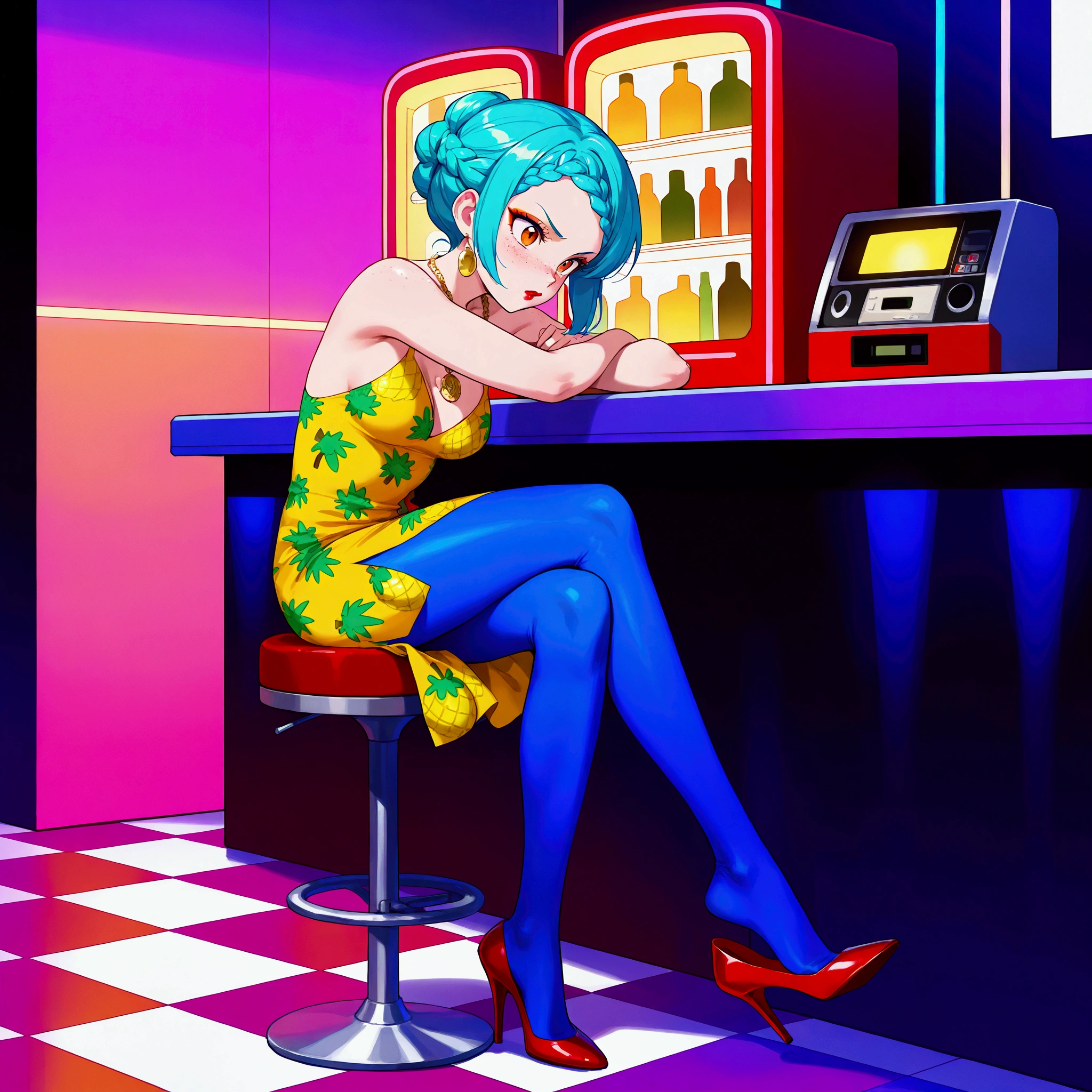 masterpiece, best quality, high resolution, dragon ball, blmpony, aqua hair, hair ribbon, braided ponytail, pink shirt, belt, scarf, pink skirt, clothes writing, brown gloves, medium breasts, in back pose, playing pool table, leaning on the pool table with her butt up, ultra mini pink dress, high showing her ass, show booty