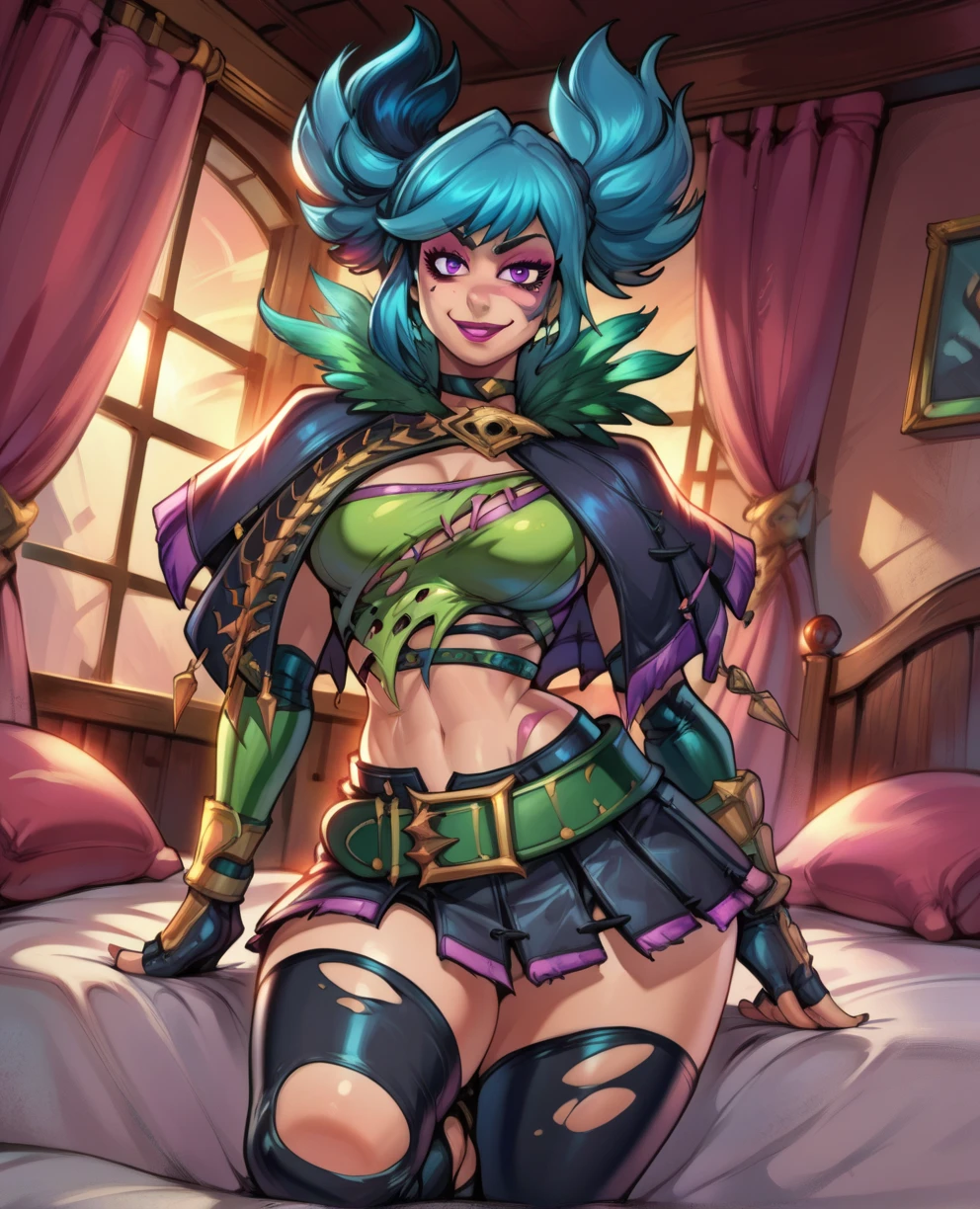 score_9,score_8_up,score_7_up,score_6_up,
tirasc6xl,purple eyes,short twintails,two-tone hair,bangs,
midriff,choker,belt,gloves,green crop top,ripped clothing,black skirt,green belt,capelet,
morning,evil smile,reiq art style,wearing stirrup boots,soles
