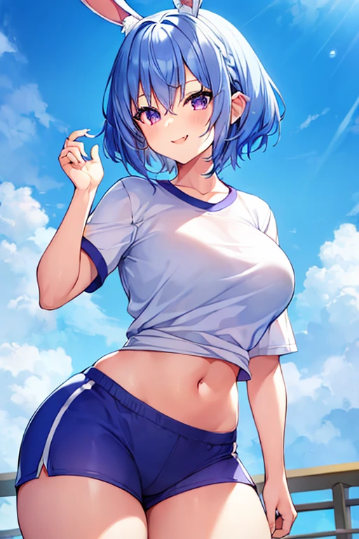 1girl, bunny ears, rabbit ears, very short hair, pixie cut, blue hair, purple eyes, light smile, fang, ((fang)), large breasts, thick thighs, gym uniform, shirt, white shirt, short pants, blue shorts, standing, toned