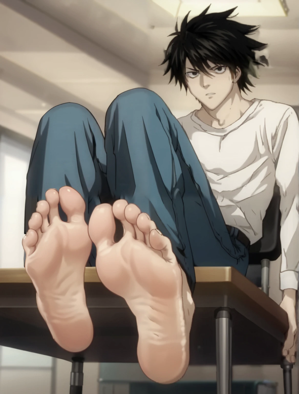 Score_9, score_8_up, source_anime, 1boy, L, Death Note, alone, in the office, sitting on a chair, lifting legs to show his soles, cowboy shot, ANIME SCREENCAP, anime coloring, barefoot, perfect feet, anatomically correct, soles, focal length 35mm, each foot has five toes, front, symmetrical soles, foot focus, white shirt with long sleeves, blue jeans

L is a very slim, pale, tall young man with messy neck-length black hair and black eyes. shadow below his eyes