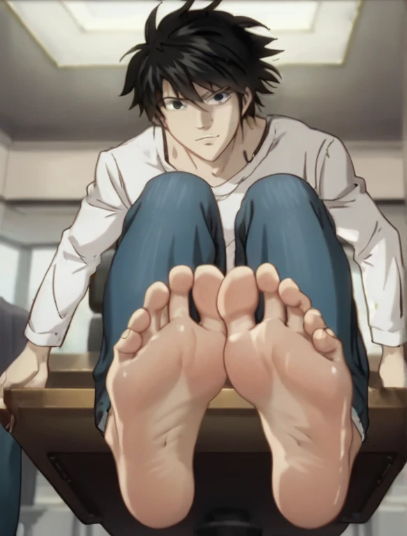 Score_9, score_8_up, source_anime, 1boy, L, Death Note, alone, in the office, sitting on a chair, lifting legs to show his soles, cowboy shot, ANIME SCREENCAP, anime coloring, barefoot, perfect feet, anatomically correct, soles, focal length 35mm, each foot has five toes, front, symmetrical soles, foot focus, white shirt with long sleeves, blue jeans

L is a very slim, pale, tall young man with messy neck-length black hair and black eyes. shadow below his eyes