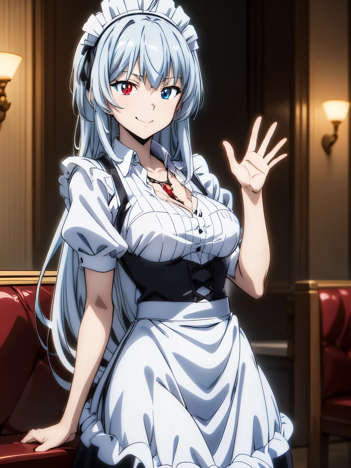 top quality、  high definition  、(  anime illustration style:1.5), smile、  standing with different breasts 、  White Collar  、 maid wearing clothes ,  high-definition face 、smile、  Silver Hair、  long hair 、Luminous_Valentine、 (  blue eyes:1.2),  Rainbow Heterochromia, ( red eyes:1.3)、  AMAZING PICTURES  , Dramatic lighting, Absolute reference to the center、4Ｋ，8Ｋ,(Genuine、Genuine志向、写真Genuine志向）、  high definition  、超 high definition  、 Ultra High Definition Painting 、indoor,Cafe,  standing with different breasts ,  BEAUTIFUL COWBOY SHOTS  ,smile、 waving