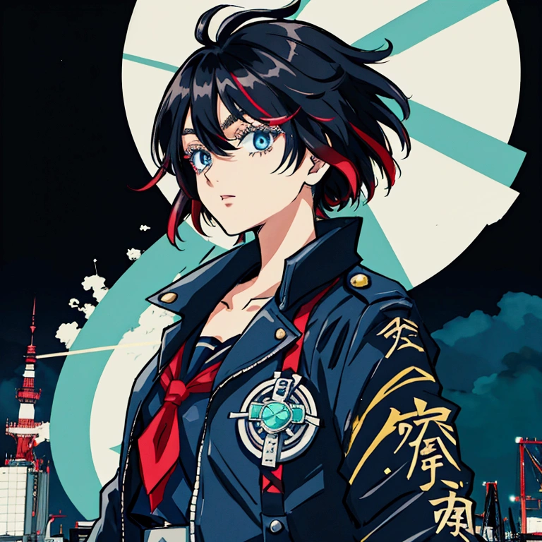 Screenshot of Tokyo Avengers, teenager with short black hair with white highlights in the front, mint eyes, navy blue jacket, Tokyo Revengers style