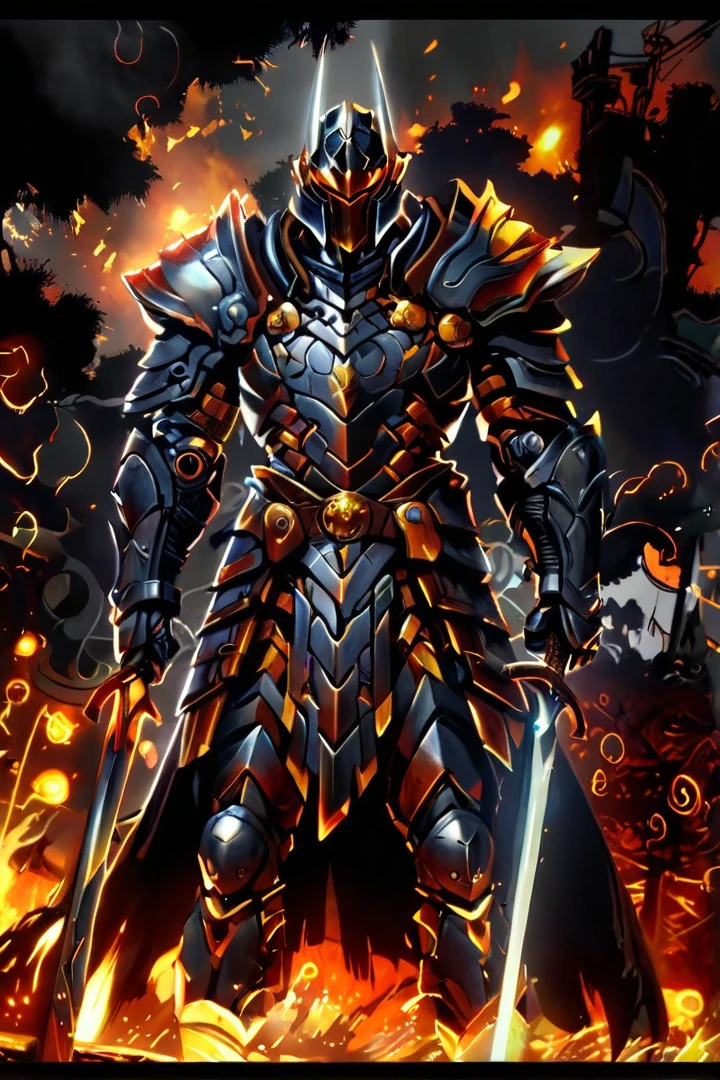  a close up of a person with armor and a sword, ares with heavy armor and sword,  armor reflected in black fire , armored warrior, lord of the ashes, berserk skullknight Armadura preta, epic paladin armor, armored warrior,  fantasy warrior in full armor , dark armor, Armadura preta, armored knight, evil knight, Dressed in Light Armor , epic armor 