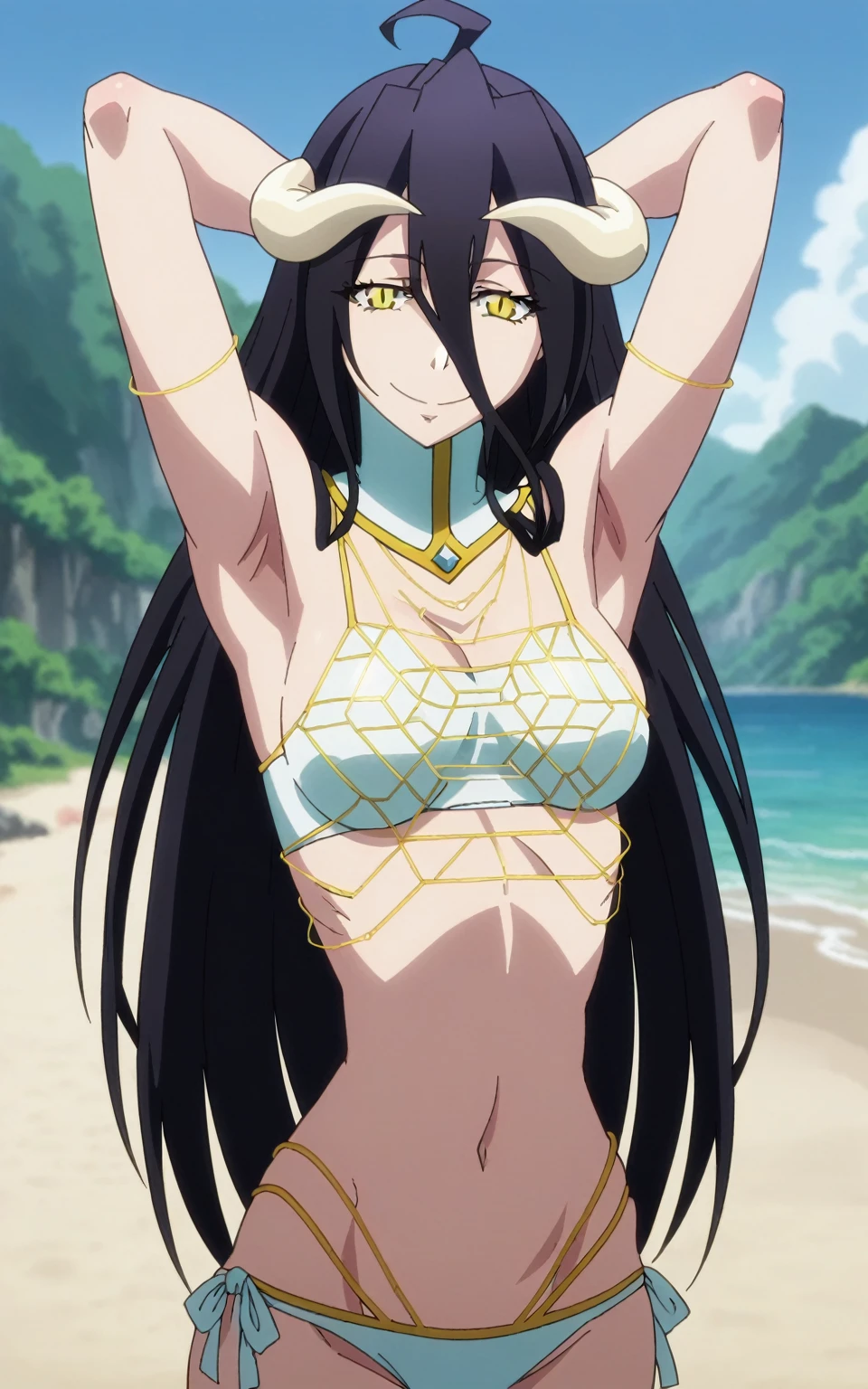 score_9, score_8_up, score_7_up, source_anime, anime screencap, 1girl, solo, albedo, long hair, black hair, yellow eyes, slit pupils, arms behind head, armpits, looking at viewer, head towards viewer, smile, closed mouth, badhandv4, outdoors, day, beach, white side tie bikini, navel, bellybutton 