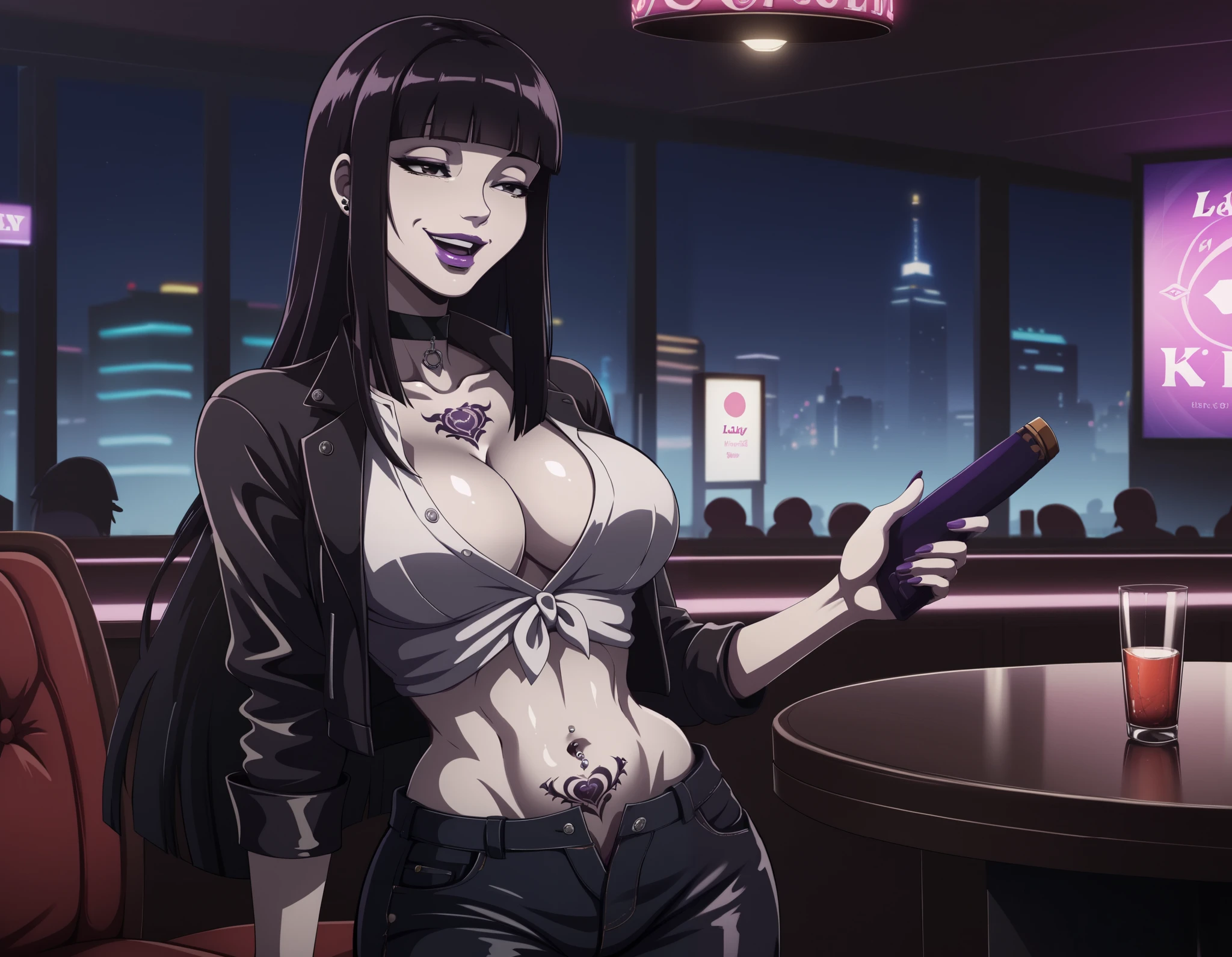 score_9, score_8_up, score_7_up,score_6_up, score_5_up, score_4_up , 1girl, solo,
large breasts, ladysiodg, long hair, black hair, hime cut, purple lips,
thighboots, choker, half-closed eyes, holding katana, bar
background, inside bar,indoors, cityscape, casino, nightclub, city lights, masterpiece,high
quality,4k,belly,,holding pistol,cleavage, unbuttoned shirt, shirt, knot, indoor,smile, open mouth,
(nsfw) not safe for work, evil expression, exposed belly, exposed navel, exposed midriff, exposed
lower belly, jacket, navel piercing, dragon tattoo , shiny skin, tattoo , tattoo midriff, rose tattoo,