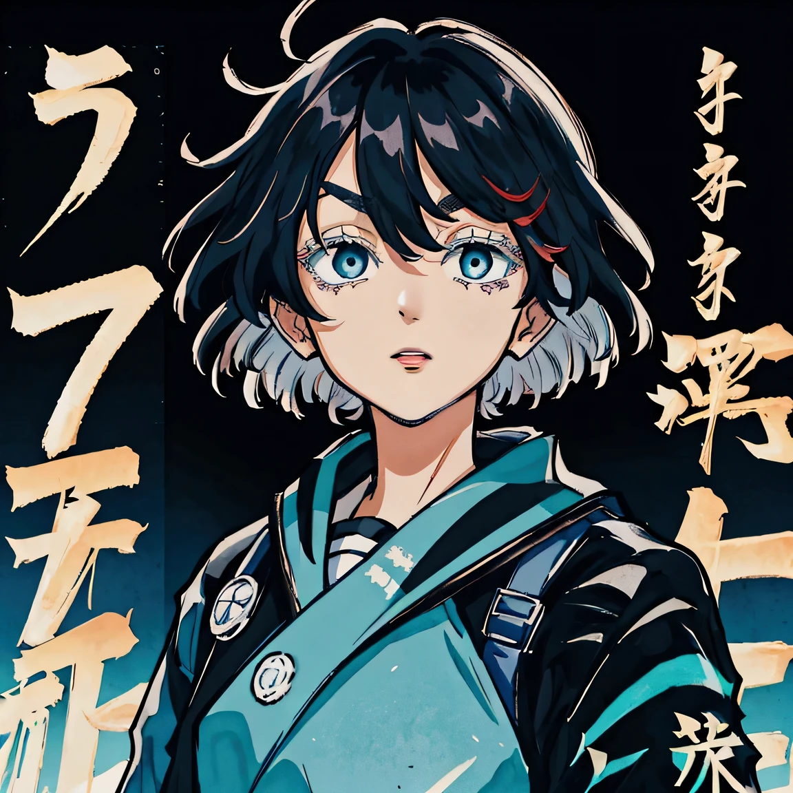 Screenshot of Tokyo Avengers, teenager with short black hair with white highlights in the front, mint eyes, navy blue jacket, Tokyo Revengers style