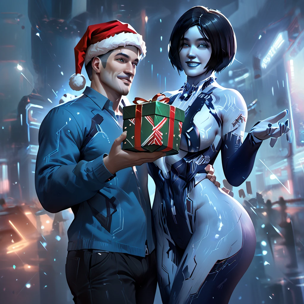 cortana from halo, christmas hat, christmas hat, holding a gift, smile, cyberpunk city background