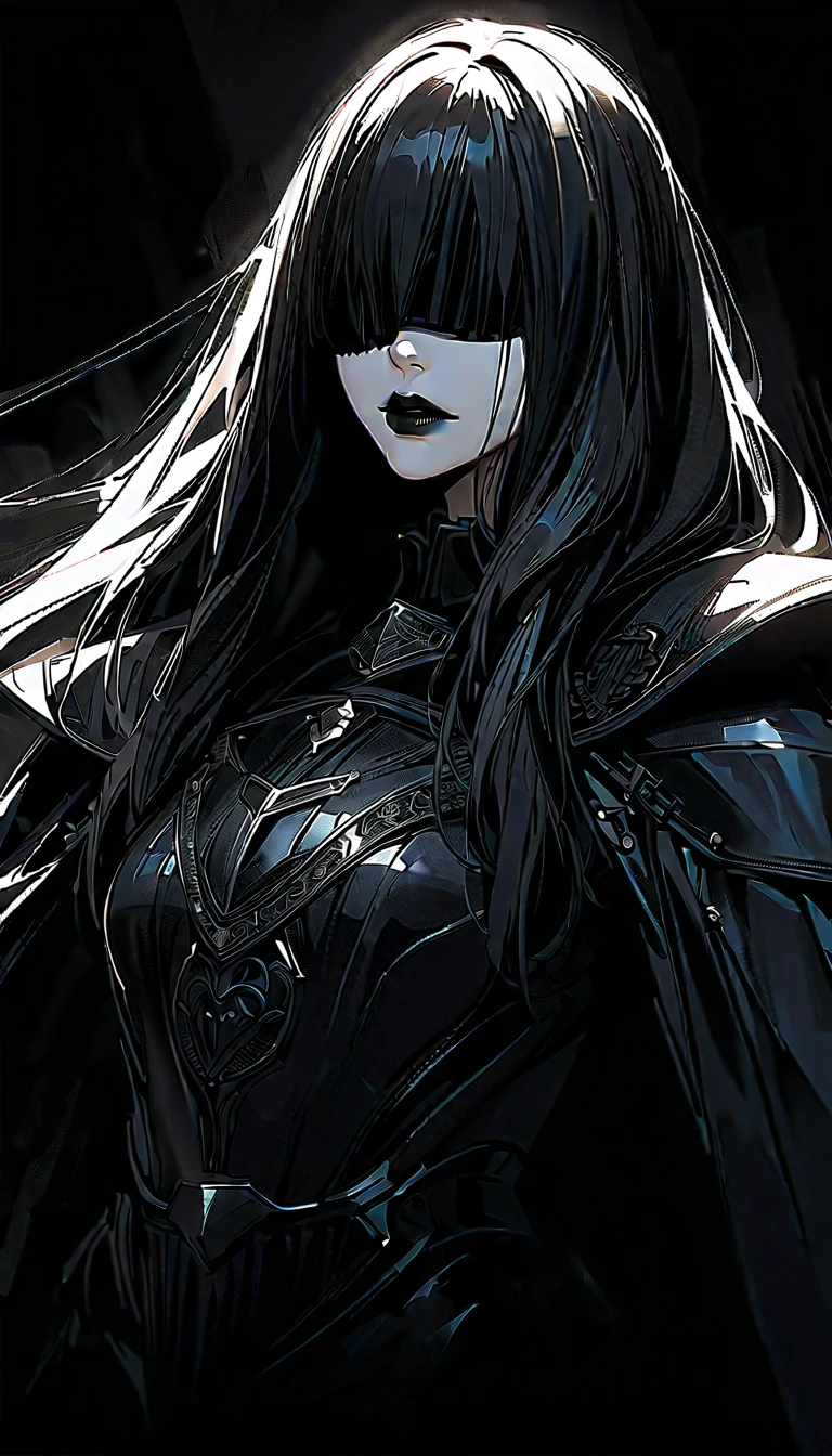 (high quality, 8k, 4K, high contrast, artwork:1.2, high quality, best aesthetics), (centered), ((1 woman)), mature body, super detailed, beautiful face detailed, detailed beautiful mouth, (long wavy black hair), (both eyes blindfolded), (blindfolded), (black blindfold), (serious expression), (black lipstick), (front view), (standing), (black medieval armor), (shoulder pads), (long black cape), (medieval knight)