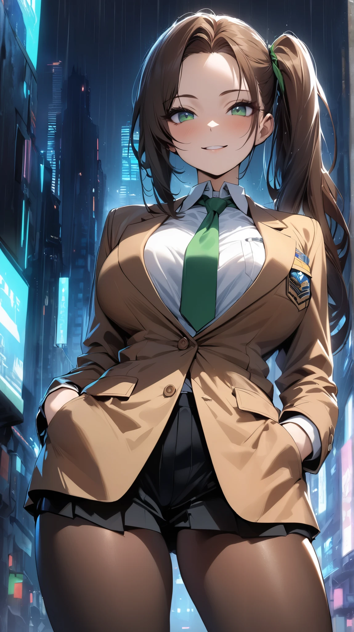 masterpiece, best quality, semi-realistic, (Enhance colors to maximum saturation), high contrast, 1girl, detailed green eyes, slightly smile, detailed semi-long hair, dark brown silky hair, forehead, sliced back hair, side ponytail, contrapposto, Captivating thighs, uniform, brown blazers, (hads in pocket, unbutton), Green tie, Plaid Pleated Skirt, black tights, rainy cyber city, at night