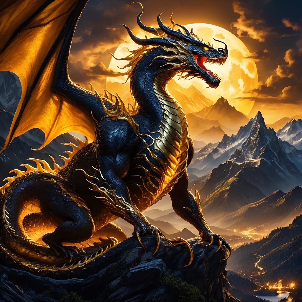 Golden Dragon in the mountains at night 
( masterpiece ),   best quality ,  highres icon, 4K, 8k,  detailed illustration ,  intricate details,  cinematic lighting ,  Incredible Quality ,  Marvel's Venom at your side staring at , amazing shading,  soft lighting,  facing the camera ,  perfect eyes and perfect detail 