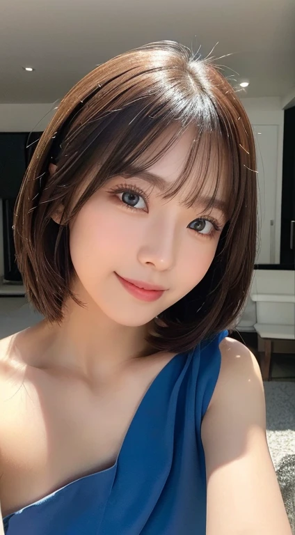 (top-quality,8K quality,masterpiece:1.3,),(Ultra-high resolution:1.3,Reality:1.4,Original photography:1.2),(ultra - detailed:1.2,Glossy glossy skin,Delicate skin:1.1),(Detailed face,perfect anatomia,Caustics),1 girl,kawaii,japanes,age 22,natural brown hair,Shoulder-length hair,pretty eyes,natural makeup,Cabaret Dress,Blue Dress,A smile,looking at the camera in,On the face,Face focus,Inside the lounge,Professional Writing,Natural soft light,Being drunk,Red face,The time zone is midnight