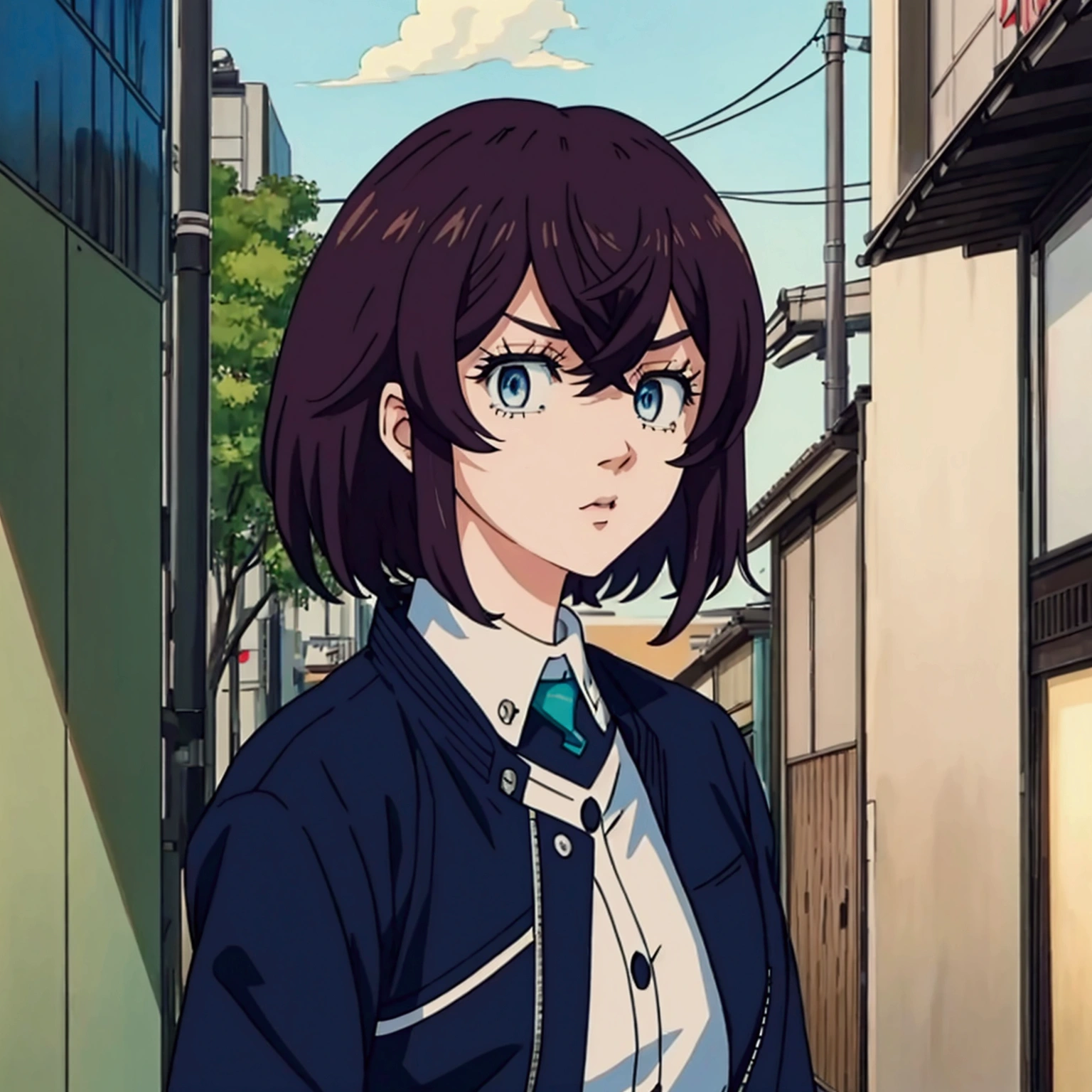 Screenshot of Tokyo Avengers, teenager with short black hair with white highlights in the front, mint eyes, navy blue jacket, Tokyo Revengers style