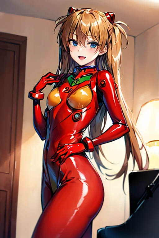 (( top quality )), ((masterpiece)), (be familiar with),  perfect face, indoor, bedroom,  is watching viewers,
One woman,  Soryu Asuka Langley,
 open mouth,  ecstatic expression beside the piano, blush, smile,
 small tits,  flat chested, Young girl, Lori,  s,  girl,
 long hair,  Twin Tails ,
Leg spread,