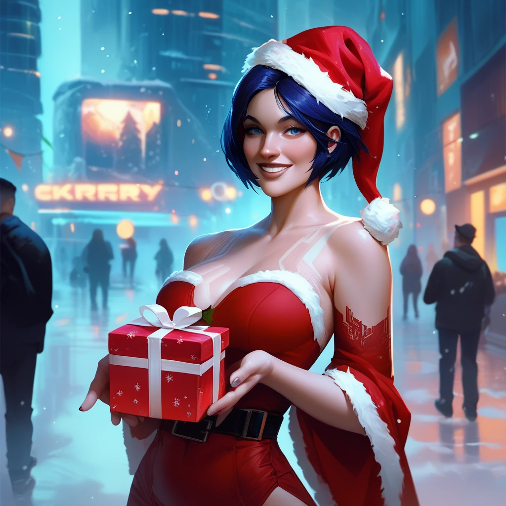 cortana from halo, christmas hat, christmas dress, holding a gift, smile, cyberpunk city background
