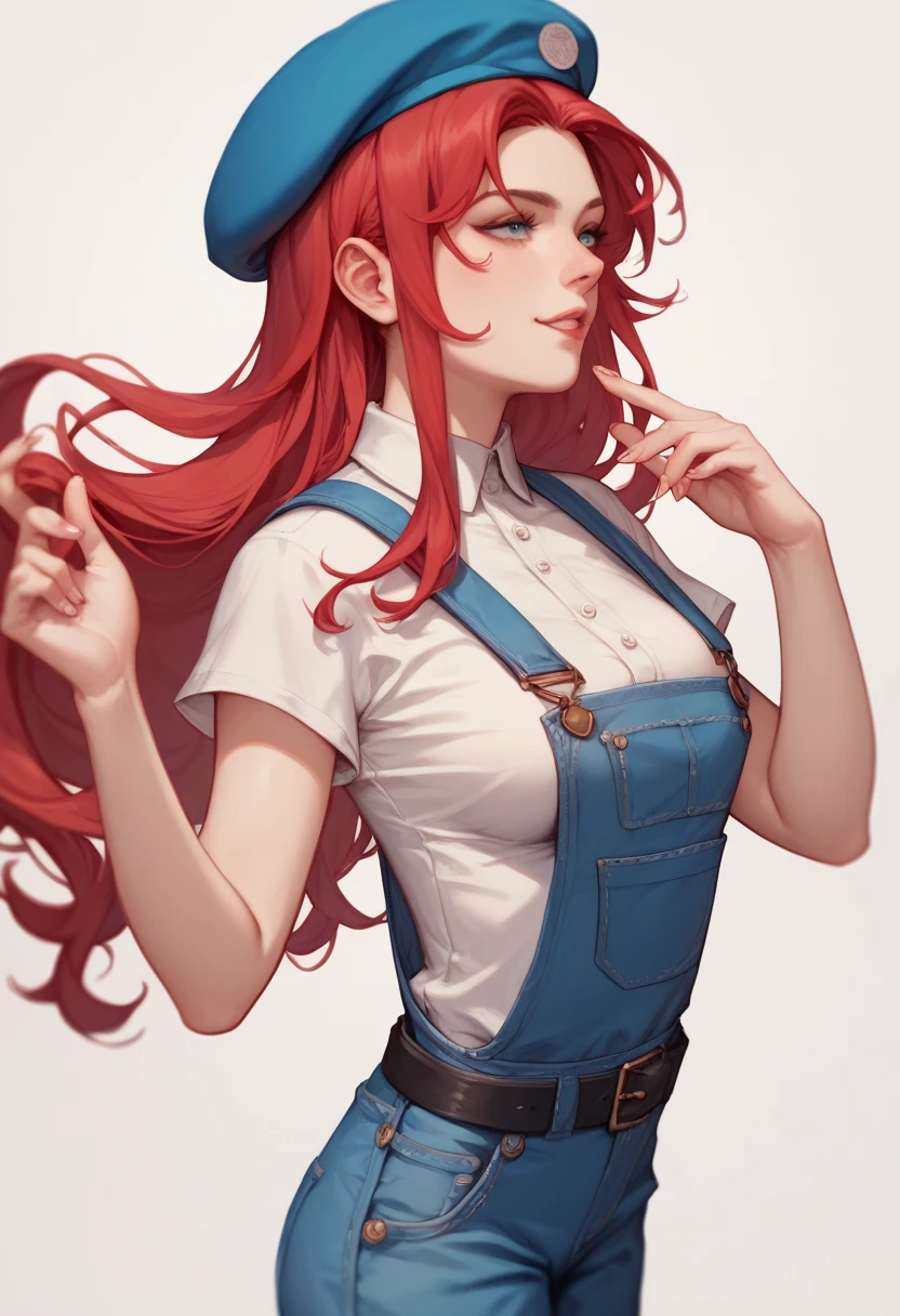 White-skinned Trans Girl ,  long long wavy deep red hair, ojos azules, slim,  medium breasts , cintura slim,  wearing a short sleeve white shirt , Blue overalls,  hip belt ,  wearing an artist's beret  