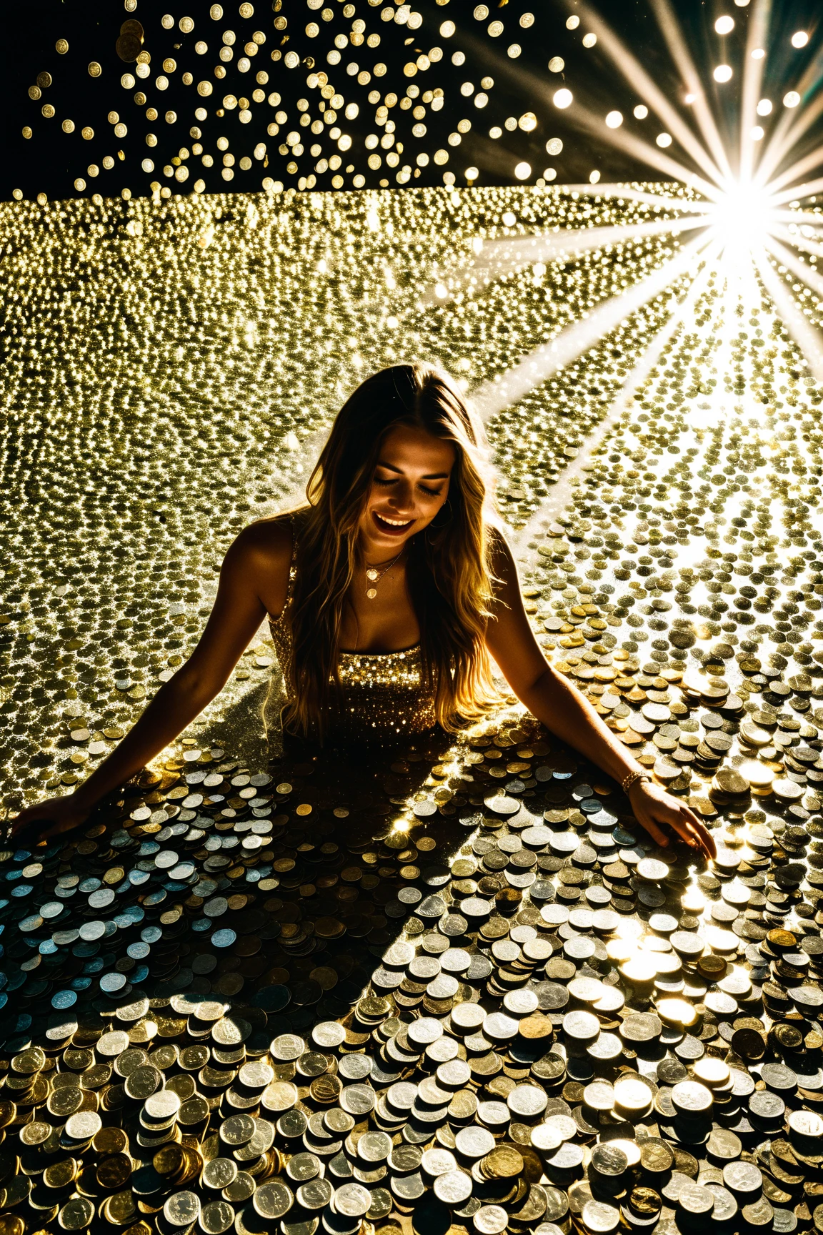 artistic photograph, A picture of a crying young woman covered with dollars and coins, overhead photography, Dazzling sunlight, iintricate, Flashy , semi transparent, Medium scenario, bizarre art style , Extremely creative, simple yet mysterious , High Quality , 8 thousand