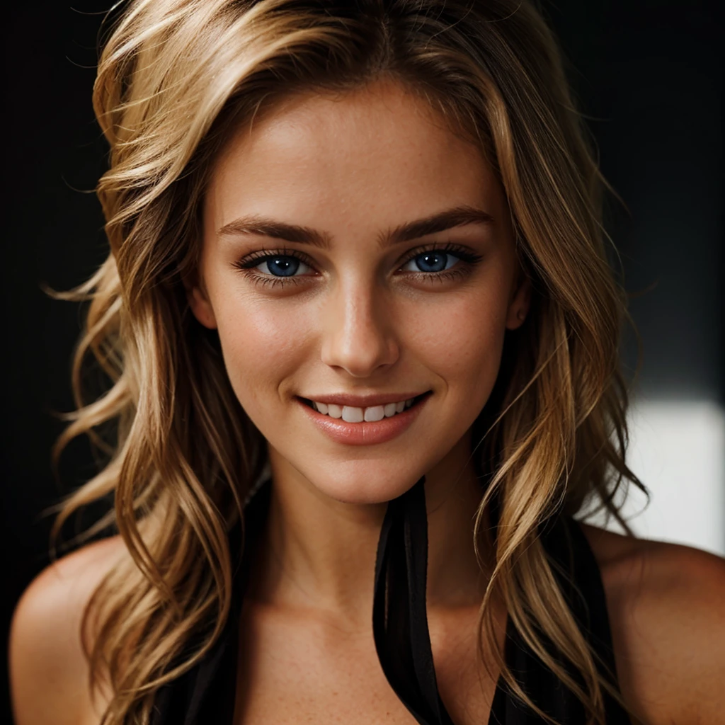 Close-up shot of a dark torso of a blonde with perfect eyes, smiling, deep dark background