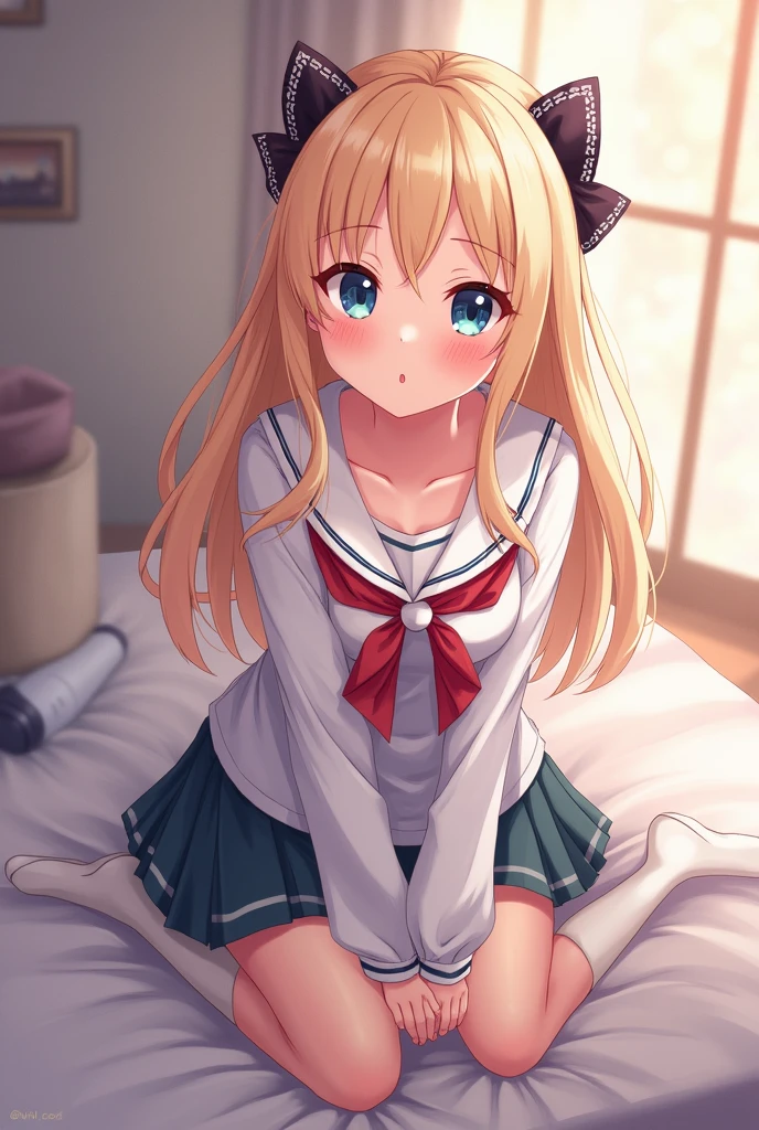 Anime girl wearing short school skirt lying on her stomach