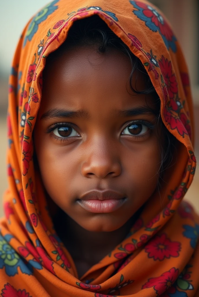 Generate a highly detailed and realistic image of a tribal 10 years old girl girl from Ethiopia . The girl should have authentic Ethiopian features, including hair, skin, and face. city background. Hyper-realistic