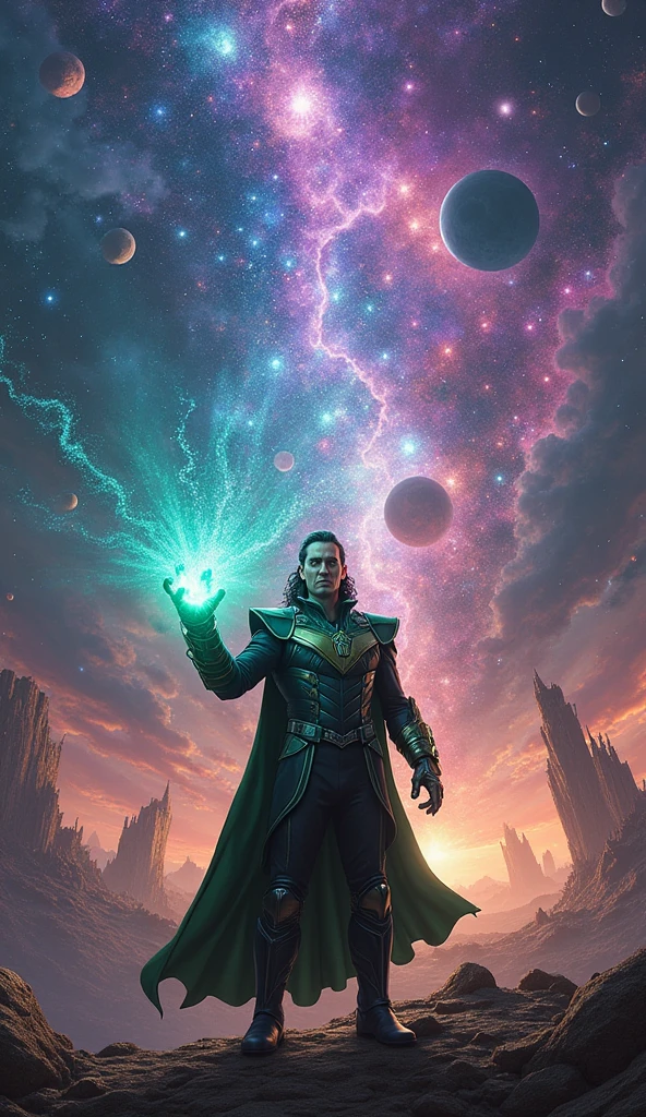 A surreal cosmic landscape filled with collapsing planets, crumbling galaxies, and shattered timelines, all radiating from the glowing Infinity Gauntlet. Loki stands at the center, his expression shifting from smug confidence to wide-eyed terror as the power of the stones overwhelms him. His black and green armor is illuminated by the multicolored energy streams emanating from the gauntlet. The fractured sky shows distorted images of alternate realities, with fragments of destroyed cities and fading people. Hyper-realistic, photo realism, cinematography, wide shot with Loki at the center.