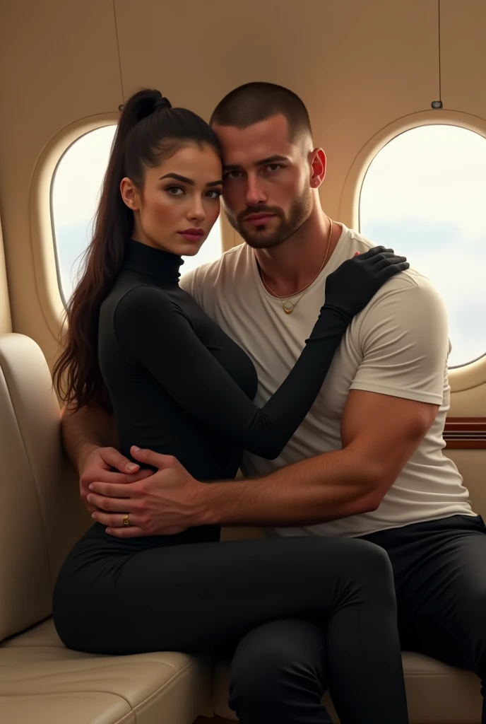  a strong man in his pants and attractive and handsome on top of an attractive and sexy woman in an airplane having a passionate moment 