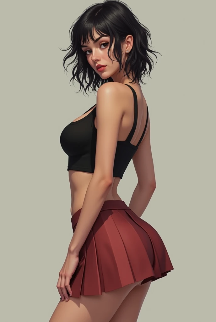 a beautiful curvy girl, milky white skin, blue eyes, curly black hair in a messy ponytail, long leather skirt, visible thick lace bralette, pink lips, seductive gaze, sexy pose, full body shot, extremely detailed face, photorealistic, masterpiece, 8k, ultra-detailed, realistic, vivid colors, warm lighting, dramatic shadows, perfect symmetrical face, small breasts