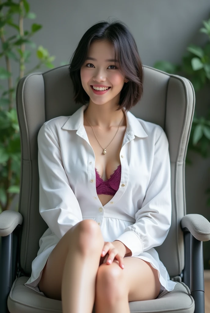 (An 18-year-old woman conducting an experiment in a university laboratory:1.5)、(Gentle smile:1.2)、(The best quality at its best:1.4), (Super detailed), (Very detailed CG unified 16k), Beautiful woman with perfect figure: 1.4, Sharp focus: 1.2, Very detailed, High-quality RAW color photos, Professional photography, Great face and eyes, cosmetics, (Amazingly beautiful girl), ((White Lab Coat、White blouse、Grey flared skirt:1.5)), Sexy posture，(View from below), Realistic movie faces, Full body long view from head to toe, Realistic, ((Realistic natural orange red hairstyle)), ( Short Bob Hair:1.5), (necklace:1.5)、, Very beautiful face, Perfect model beauty, Mouth swelling, Highly detailed face and skin texture, Fine grain, double eyelid, Medium chest, smile, (masterpiece), highest quality, High resolution, Very detailed, Blurred Background, Depth of written boundary, Cinema Lighting, Great legs, , Clear, well-maintained skin,