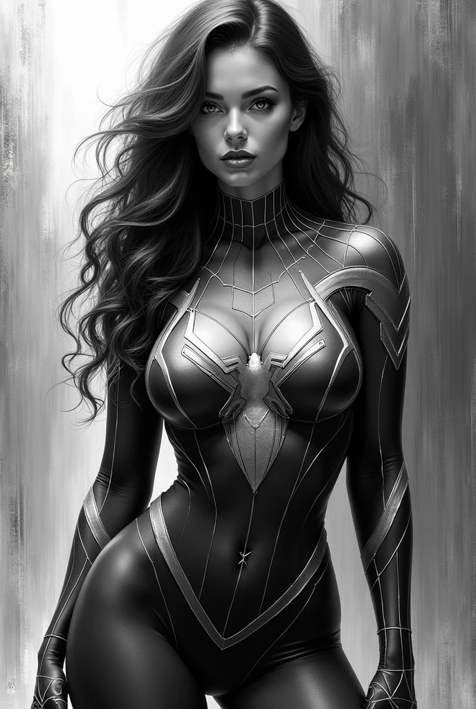 Pencil sketch, black and white image, finely drawn lines, a masterpiece rendering of Salma Hayek as stripper, intricately detailed with the golden ratio in mind, trending on both cgsociety and artstation, epic in scale and detail, highly vibrant and full of energy, a production-quality cinematic character model showcasing every muscle, vein, and fold in ultra high definition. His powerful physique is emphasized through the delicate shading and meticulous attention to anatomical accuracy. The subtle play of light and shadow across his textured, black and blue suit accentuates every crease and curve, bringing the iconic superhero to life with stunning realism.