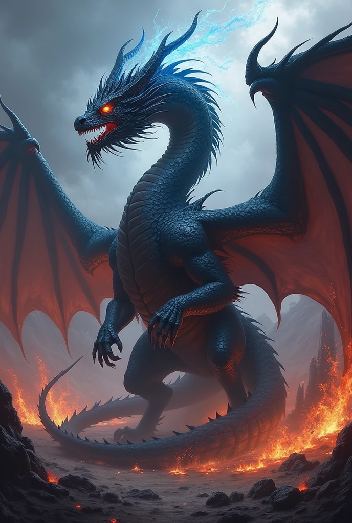 Makes a fire dragon with black scales. The head is fierce . This first dragon fights an ice dragon , with dark blue scales.Background : in a fiery environment. Lightning frames the two dragons . They fight each other. realist