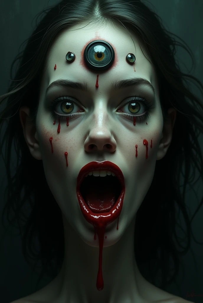 (realistic photo:1.5), ((high resolution illustration)), ((extremely detailed)), ((masterpiece)), cinematic lighting, dramatic shadows, ((best quality)), high detail, bust, full body, beautiful eyes, (cinematic light:1.1), (1girl:1,4), (small breasts), medium shot, (horror, scorn game, guro, Lovecraft, giger, monster girl), blood, dark horror, creepy, body horror, award winning portrait photo of a monster girl, third eye