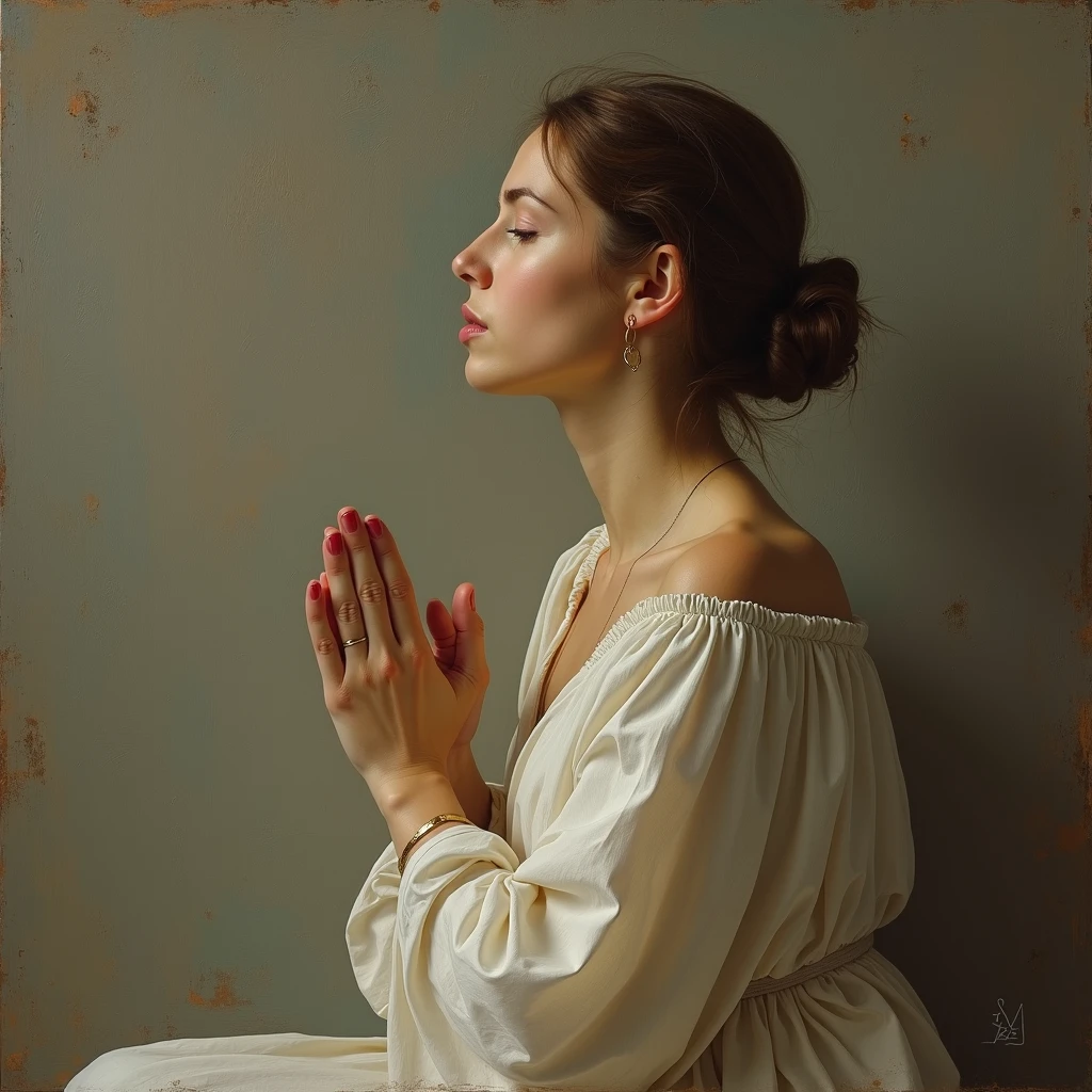 <lora:Euan Uglow Style:1>Euan Uglow Style - White shirt, sweet little note, On Sunday, in prayer, words open up to the sky... bringing to light, the thoughts of eyes, the mirrors...emotional, minimalist, vintage fall aesthetic symetrical painting. refined detail. bright vintage color palette. minimal shading. klimt inspired artwork. painted canvas art