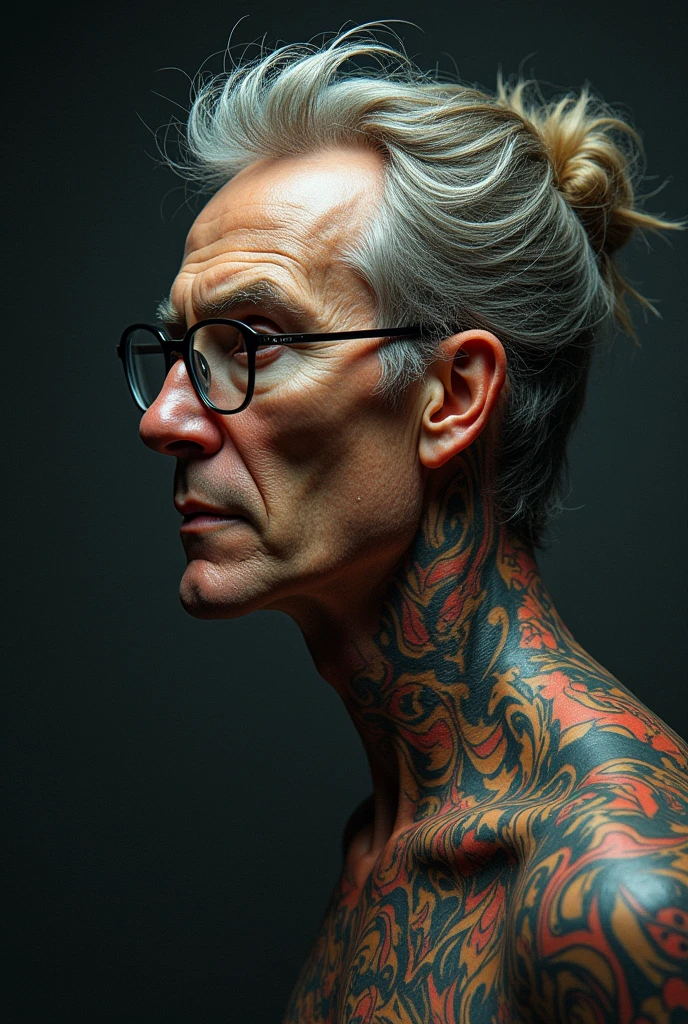 MAN 40 YEARS OLD WITH GLASSES , in the style of Wifredo Lam , Team Okamura, Georg Jensen , Tattoo - Inspired AROUND, molecular , intricately shaped , edge light —ar 2 : 3 —q 2 —v 5 .1