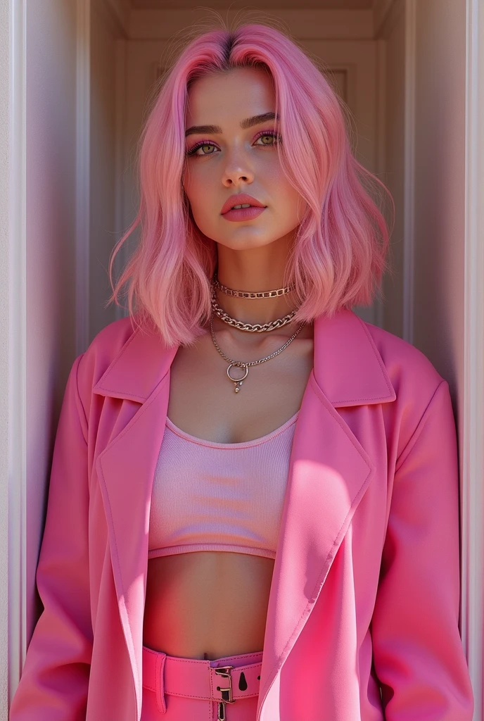 Meet Luna Rose, a digital influencer in her early twenties with fair English skin and vibrant pink hair styled in a chic, tousled bob. She has sharp, well-defined eyebrows, large, sparkling eyes, a slightly upturned nose, and full, naturally glossy lips. Her radiant, dewy skin highlights her high cheekbones, adding elegance to her edgy-chic style. Luna's wardrobe blends bold, statement pieces with sophisticated fashion, accessorized with eye-catching jewelry and handbags. She exudes confidence, charm, and authenticity, captivating a young audience with her creative, fashion-forward content on Instagram, TikTok, YouTube, and Twitter.