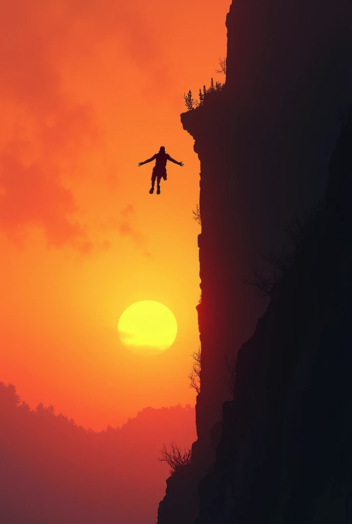 Create an image of a man with only black hair and 3, jumping from one edge of a mountain to the right to another edge. And with a sunset in the background
