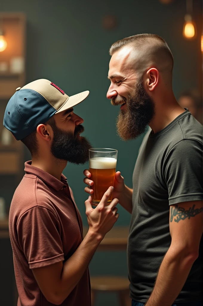 In a cozy restaurant, a table is set for two, adorned with a white tablecloth and flashing candlelight. (((Two stout, burly, lumberjack-like men))), are sitting across from each other, engaged in deep conversation. Their bodies are accented by (their plaid shirts), and their neatly trimmed beards and short military-style haircuts add to their rugged charm.

As they talk, their eyes close with a tender, affectionate gaze, expressing a deep connection and romantic interest in each other. The soft light from a large glass window bathes their faces, casting a warm glow and accentuating their features. The subtle play of light and shadow creates an intimate and romantic atmosphere, enveloping them in an aura of affection and tenderness.

((His hands naturally gravitate toward each other on the table)), his fingers intertwine gently. The touch is soft but charged with emotion, symbolizing their shared connection and the beginning of a romantic journey.

The atmosphere of the restaurant is carefully crafted to enhance the romantic atmosphere. Soft background music fills the air, contributing to the intimate atmosphere. The aroma of delicious food hangs in the air, adding to the sensory experience. The surrounding tables are occupied by other diners, but they disappear in the background as the focus remains on the two men and their blossoming romance.

This scene is a testament to the power of love and connection, capturing a beautiful moment of tenderness and vulnerability between two individuals. The romantic atmosphere, enhanced by soft lighting and subtle details, invites viewers to feel the warmth and intimacy of their connection.