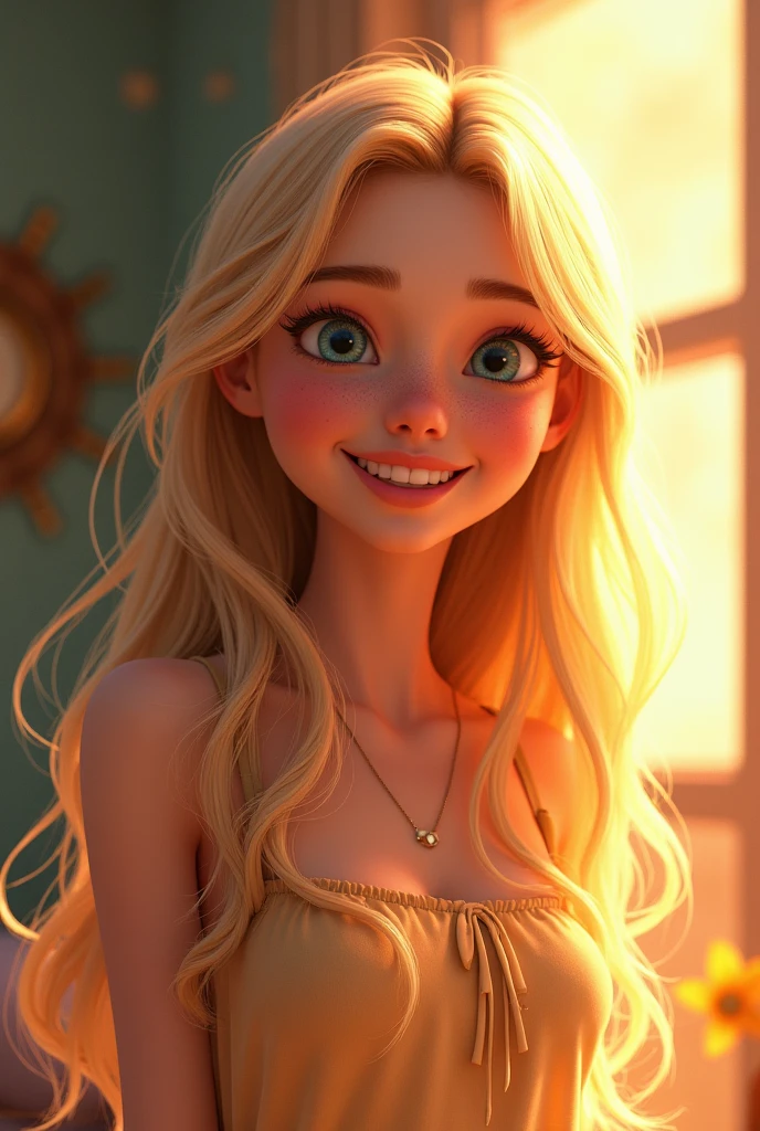 Disney pixar 3D style woman, woman 39 years old, (best quality: 1.2), (super thin: 1.2), Film angle, lights of film, Delicate sky, long wavy blonde hair and big side bangs, honey-colored eyes, glare eyes, starly sky, (light particles: 1.