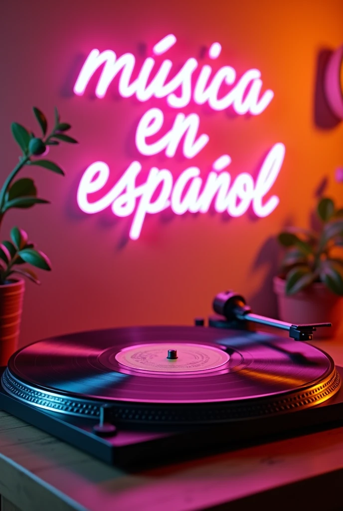 "A vintage 1980s vinyl record resting on a wooden table, with a sleek black surface and a vibrant label at its center. Nearby, a classic turntable with metallic accents adds to the retro vibe. Above the vinyl record, bold and vibrant text reads 'Música en Español' in a stylish 80s-inspired font, glowing with neon colors. The background features a warm gradient of orange and pink hues, reminiscent of the energetic ambiance of the 1980s."