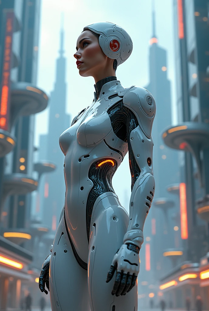 araffed woman in a futuristic suit posing for a picture, cyberpunk art inspired by Marek Okon, trending on Artstation, afrofuturism, in white futuristic armor, biomechanical oppai, gynoid cyborg body, symmetra from overwatch, echo from overwatch, oppai cyberpunk, beutiful white girl cyborg, cybersuits, cybersuit