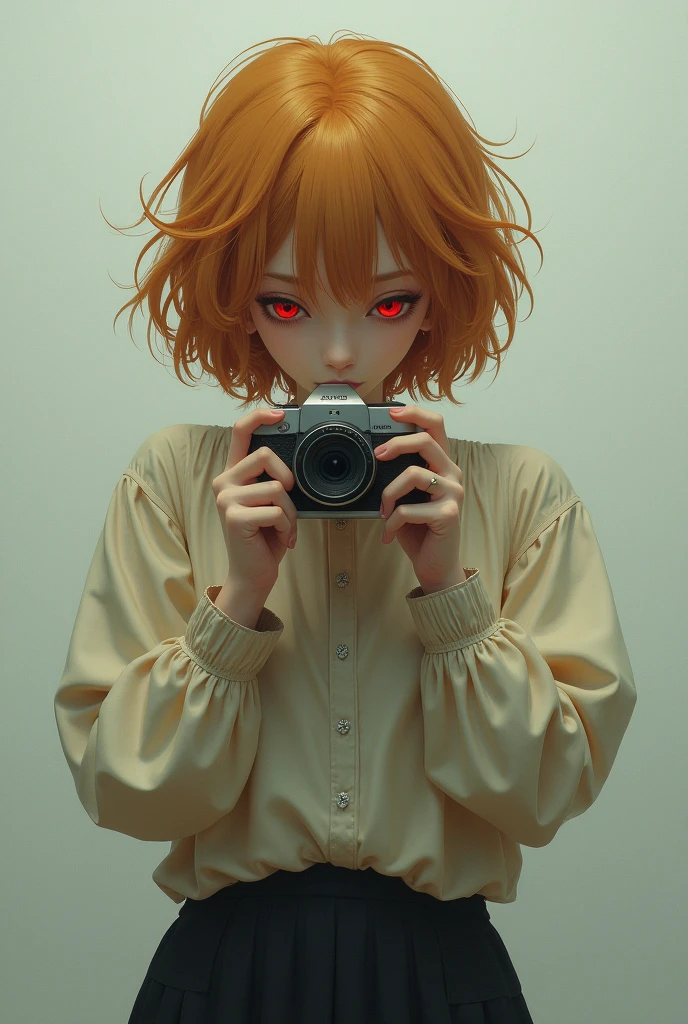 (((1womanl))), ((((standing alone)))), ((messy hairstyle)), ((( In a bra ))), standing taking a photo, (((Reddish yellow hair)), Eyes red,
