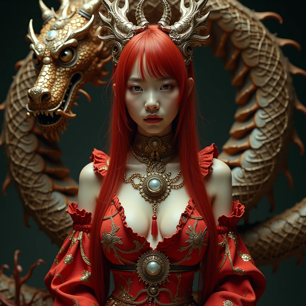 (heavy breasts)、top-quality、masterpiece、超A high resolution、(metal white dragon armor)、(((Colossal tits))),dragon armor、(((Detailed Micro Bikini))),(Wear a beautiful crown made of intricate gemstones),(Photorealsitic:1.4)、Raw photo、1 girl、(((Random hair))、(((Take different poses)))、glowy skin、(((Chinese Dragon)))、Intricate and ornate hair ornaments、(Gorgeous Jewelry Necklaceystical expression)、(Full Body Angle)、((Light red hair)),(Fight big dragonetal metal bikini)、(((Sahara desert background)))、Precipitous cliffs)、((super realistic details))、portlate、globalillumination、(sexypose)、Shadow、octan render、8K、ultrasharp、Colossal 、Raw skin is exposed in cleavage、metals、Details of complex ornaments、Japan details、highly intricate detail、Realistic light、CGSoation Trends、Blue eyes、radiant eyes、Facing the camera、Toostock、(Full Body Angle)、(veils)、(((desert background)))、highcontrast、