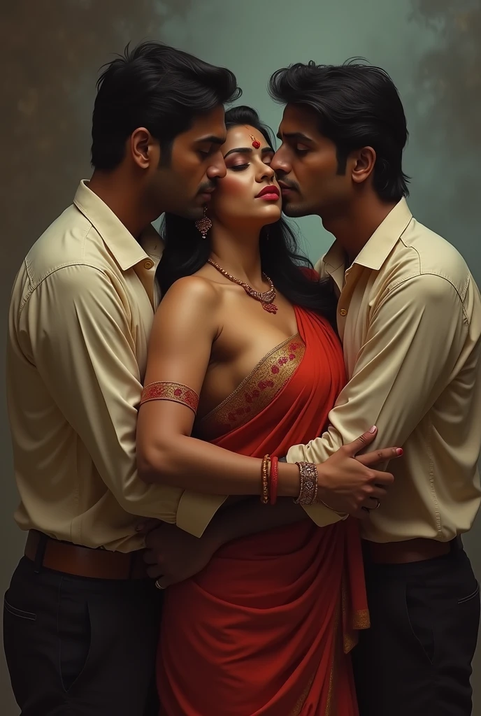 A dusky hot girl wearing saree with low hip in road and two men holding her navel together and she is giving moan