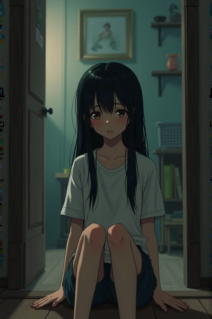 Girl with sad face sitting in her home 