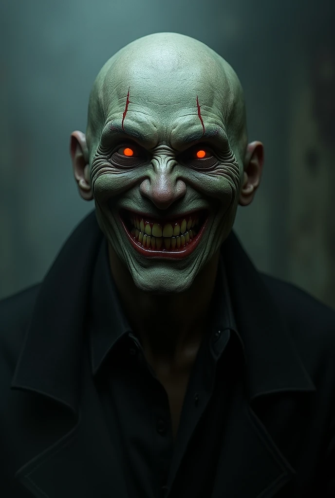 Man with white hair and red eyes, happy, with a smile, with a straitjacket, inside a room in a psychiatric hospital.