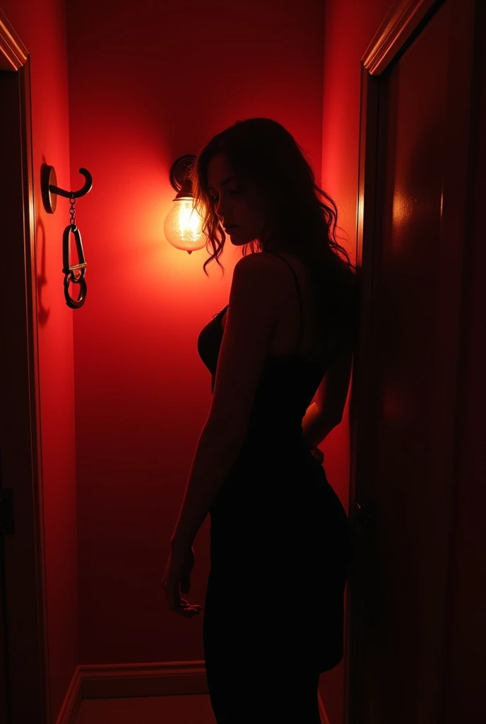 The photo is taken through a hole, where on the other side there is a narrow dark cabin, with red light, a woman crawling sensually on a stool to look through the hole. The hole is dark like glory, dark and only the woman's hand fits. The woman has an expression of expecting some surprise to come out of there.. The glory hole is at the height of the woman's face. she's without a bra, wearing lingerie panties. is extremely beautiful, delicious, daring, safada. And a man without clothes, touching the woman. The woman is excited, with the naughty smile.