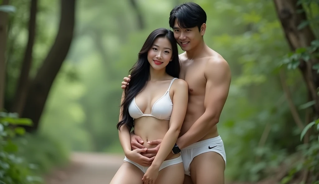 Straight couple photographs, a young man and a woman，Wear short pants, top-quality、超A high resolution、ultra-realistic realism、realistic、RAW photography、8K images, topless, nude, standing beside in the garden, couple, man athletic body short black hair, woman huge breast long black hair, sexy body, smile, looking camera, 2 people man and woman, husband and wife, korean face