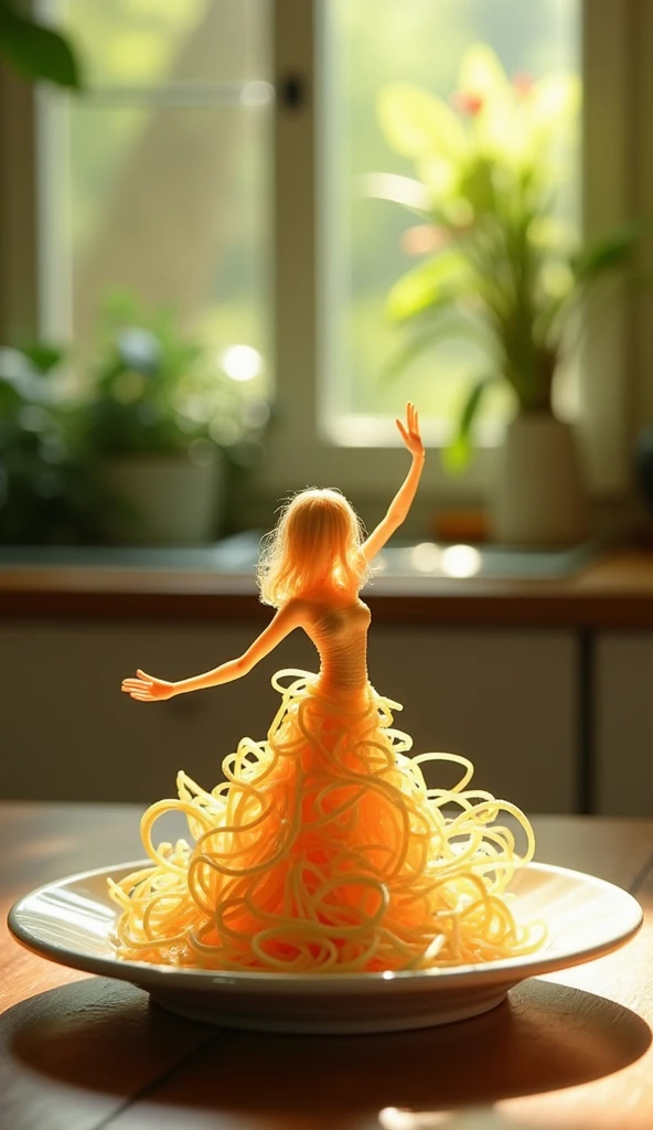 Create a whimsical and artistic scene featuring a single human like figure made entirely of spaghetti.This figure should appear to be dancing gracefully on a plate.The background should depict a cozy kitchen setting with warm,ambient, lighting, creating a romantic and intimate atmosphere.Include elements such as a glass of red wine and a beautifully set table to enhance the mood 