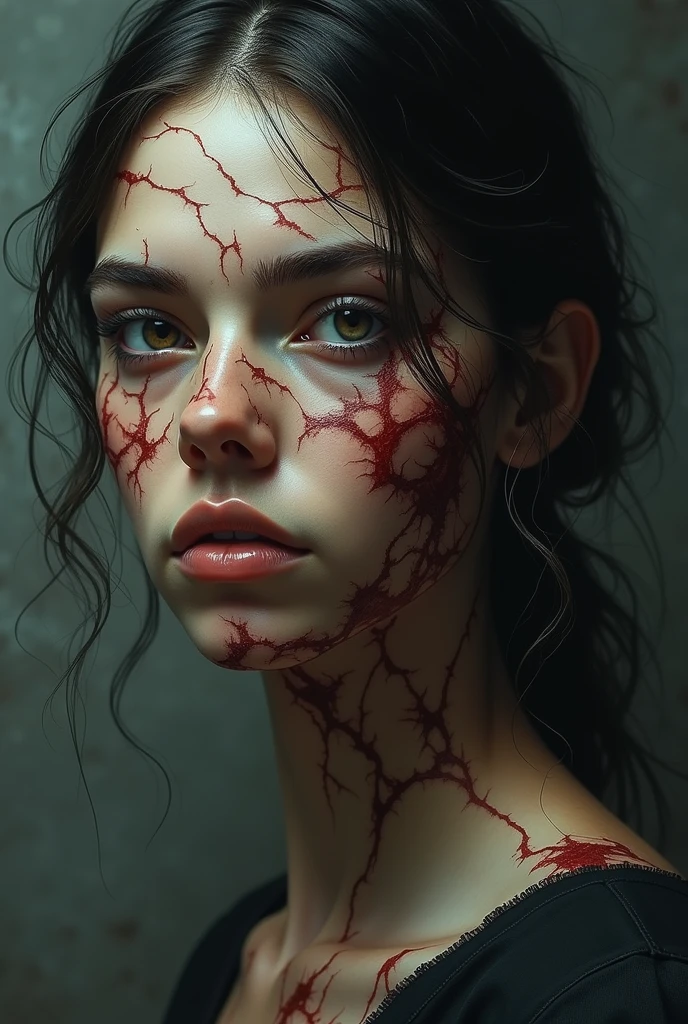 Very pale skinned woman, Tiana Upcheva, with black and red veins all over her body in a terrifying way, ghostly aspect. sapphire blue eyes and jet black hair. downcast expression 