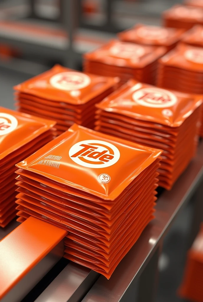 Packaging process of tide detergent.
The packets should be orange themed 
